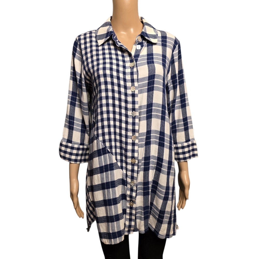 Soft Surroundings Blue and White Plaid Button-Up Tunic Shirt Size L